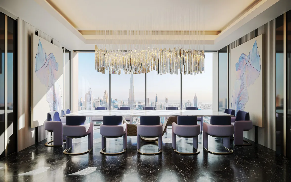 Luxurious desert architecture boardroom with panoramic city views, elegant lighting, and high-end finishes overlooking the skyline of Dubai.